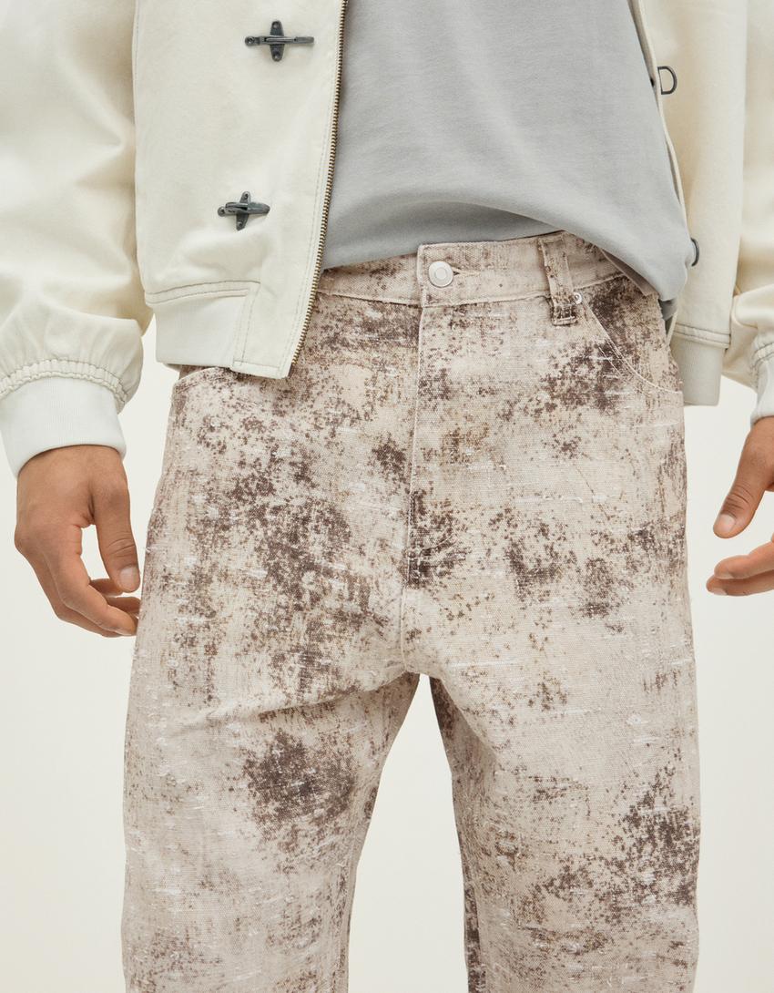 Baggy textured print jeans-Green