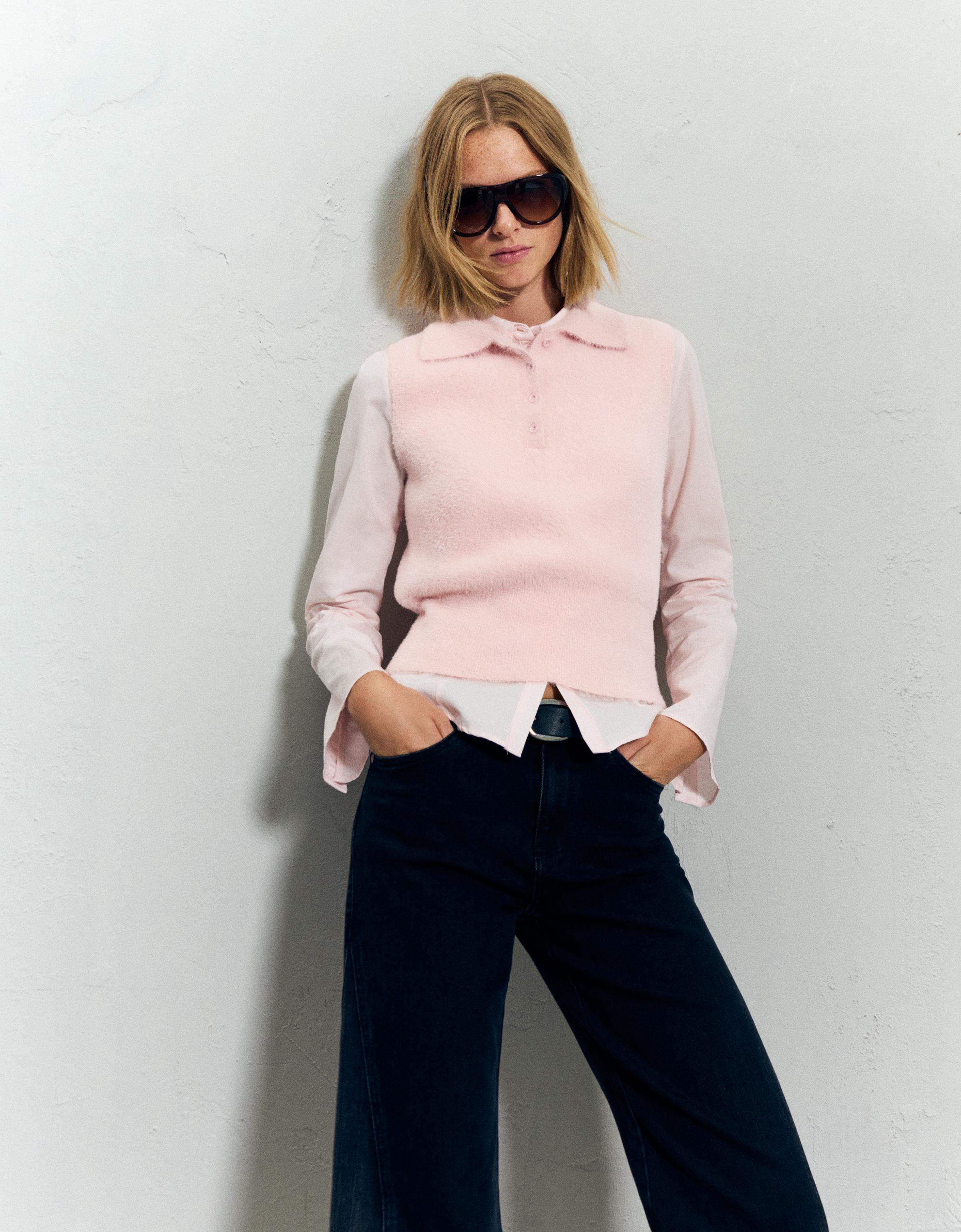 Bershka Weste Mit Polo-Kragen Und Kunstfell Damen M Rosa