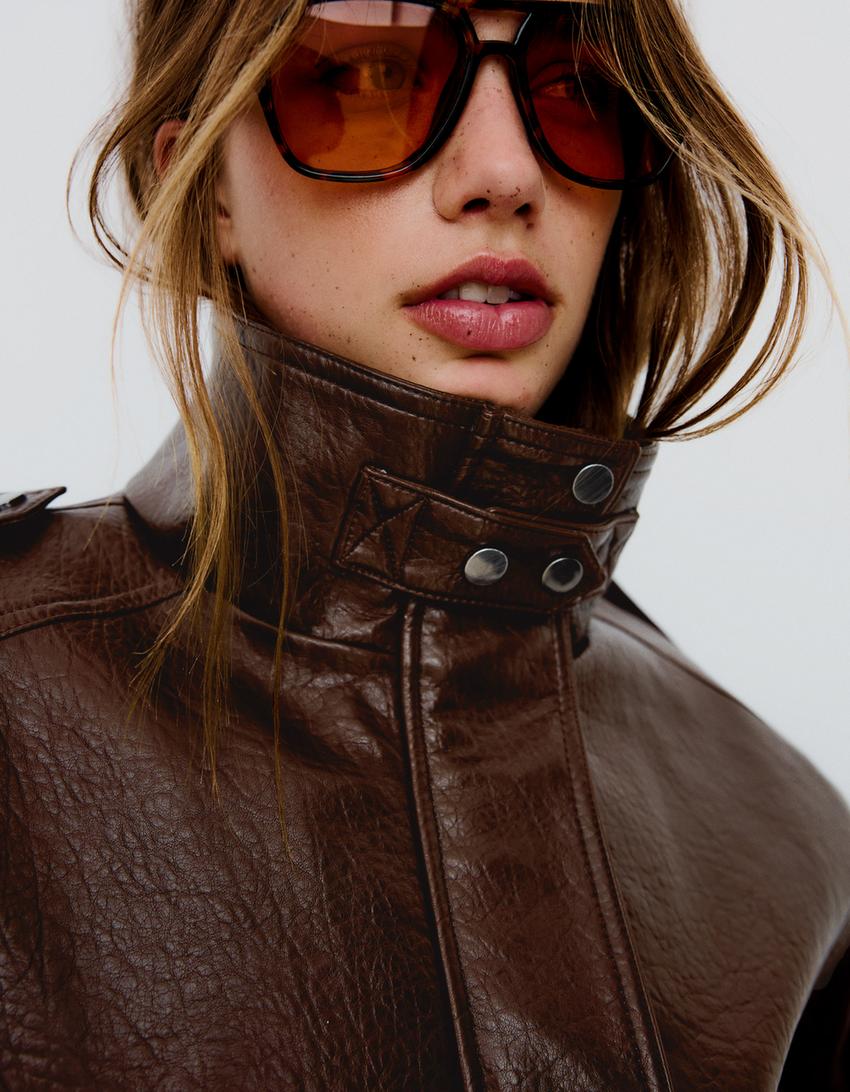 Faux leather funnel collar jacket-Brown