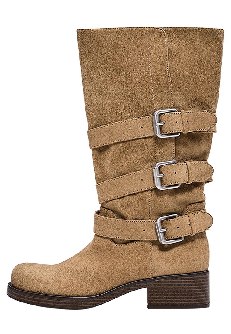 BUCKLED BIKER BOOTS — BEIGE