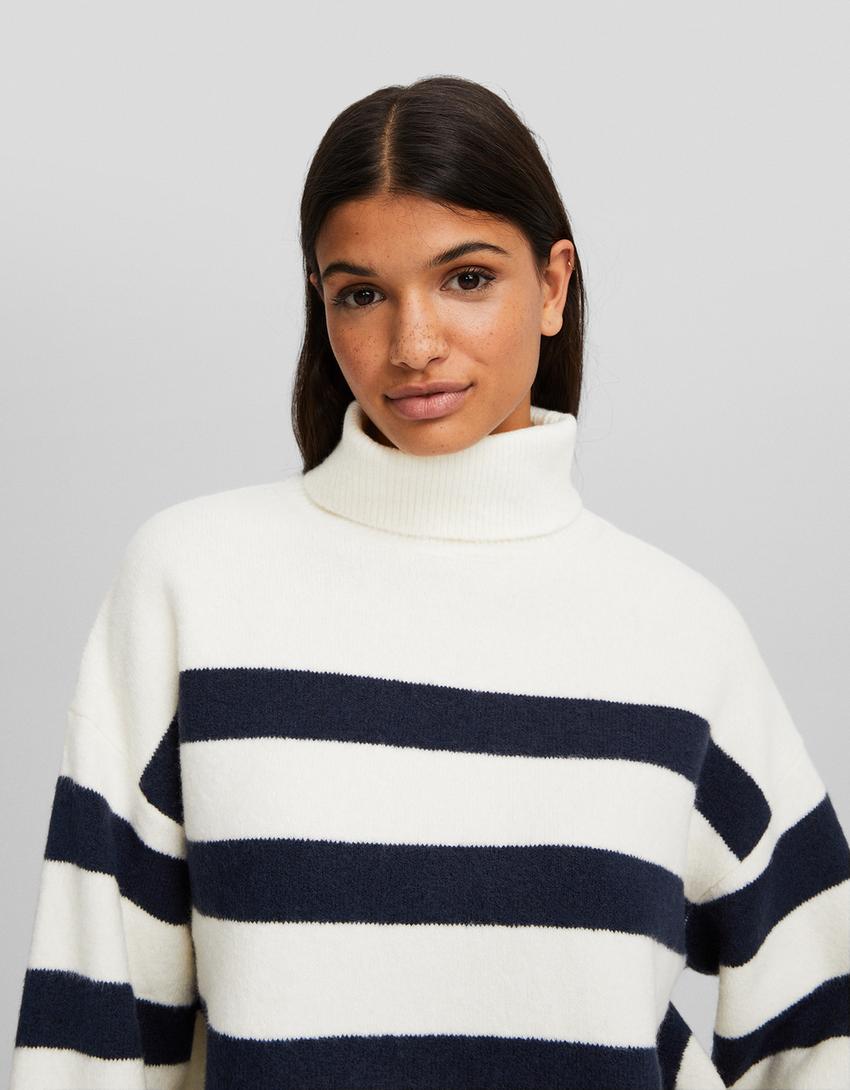 Striped high neck sweater-Blue-2