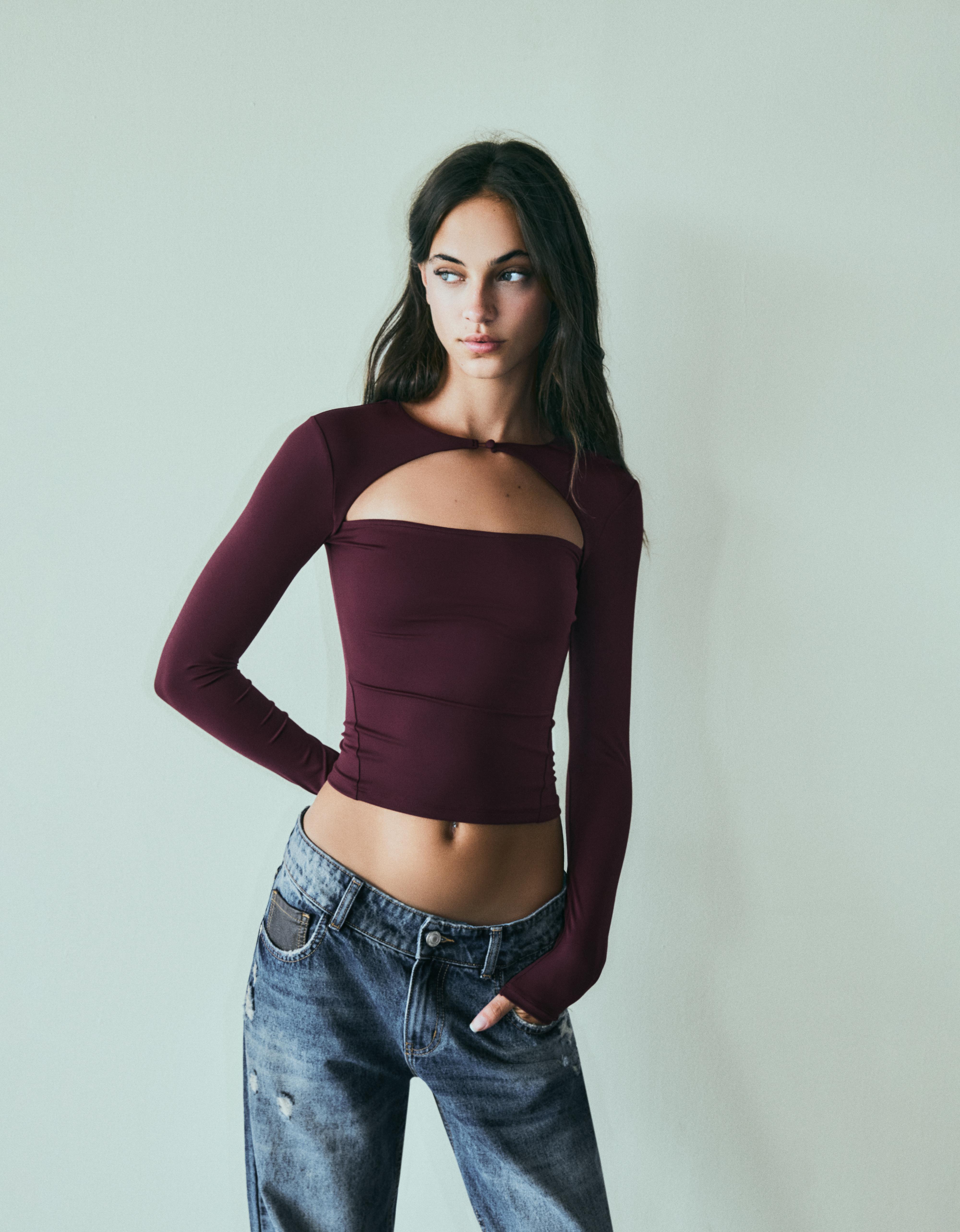 Bershka Camiseta Manga Cut Out Poliamida Mujer L Burdeos