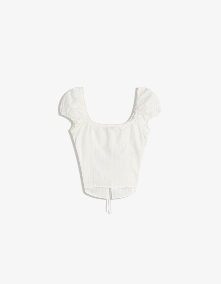 Blusa a maniche corte con struttura e lacci-Bianco-4