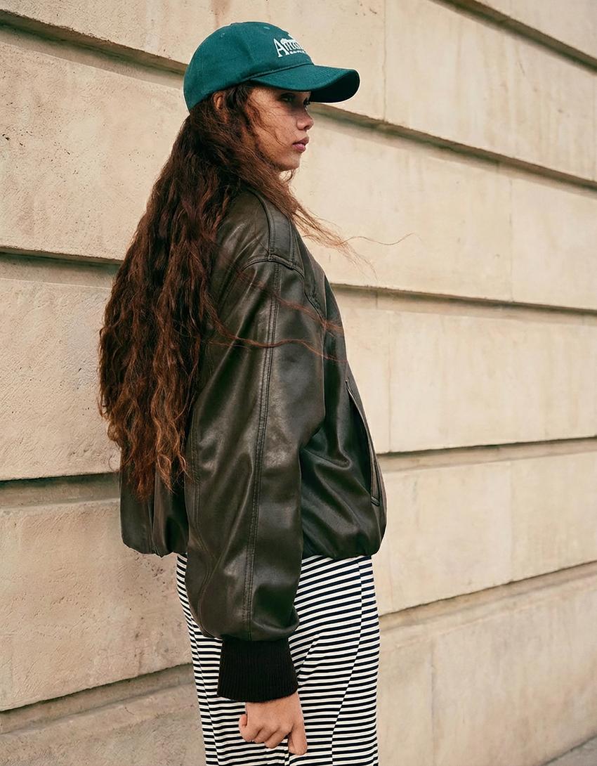 Faux leather balloon jacket-Khaki