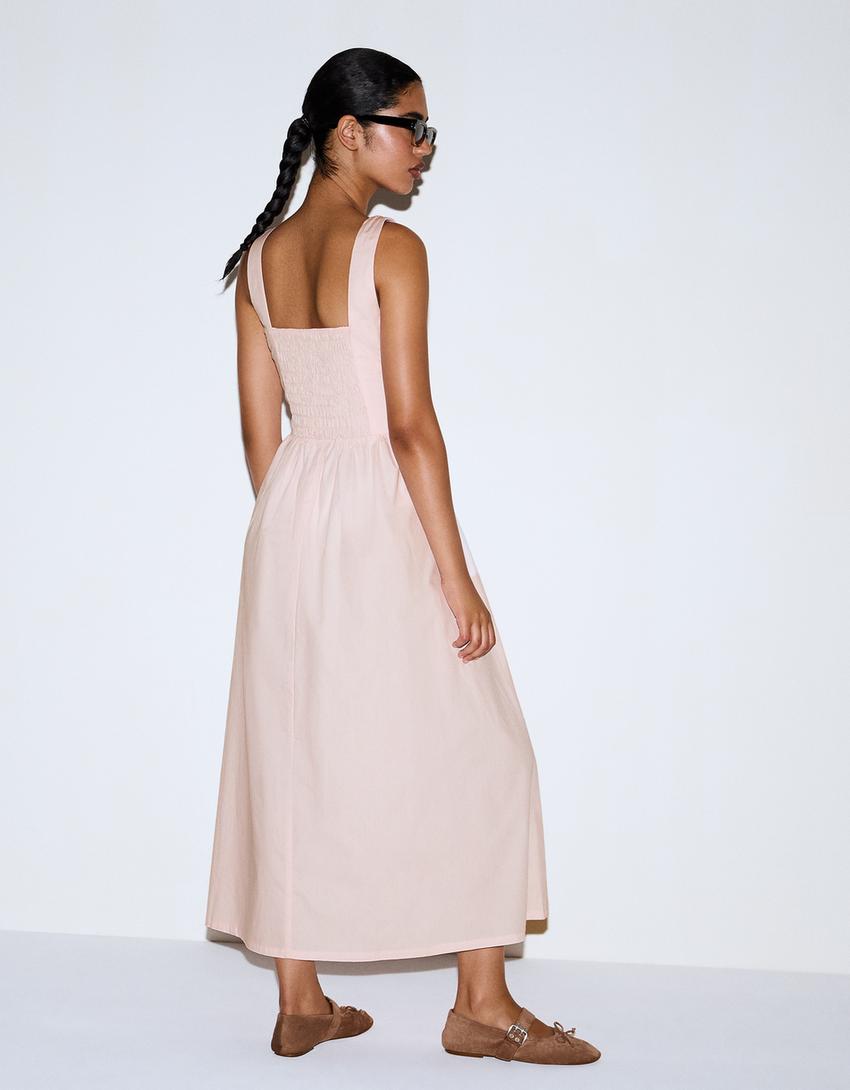 Robe midi popeline boutons-Rose