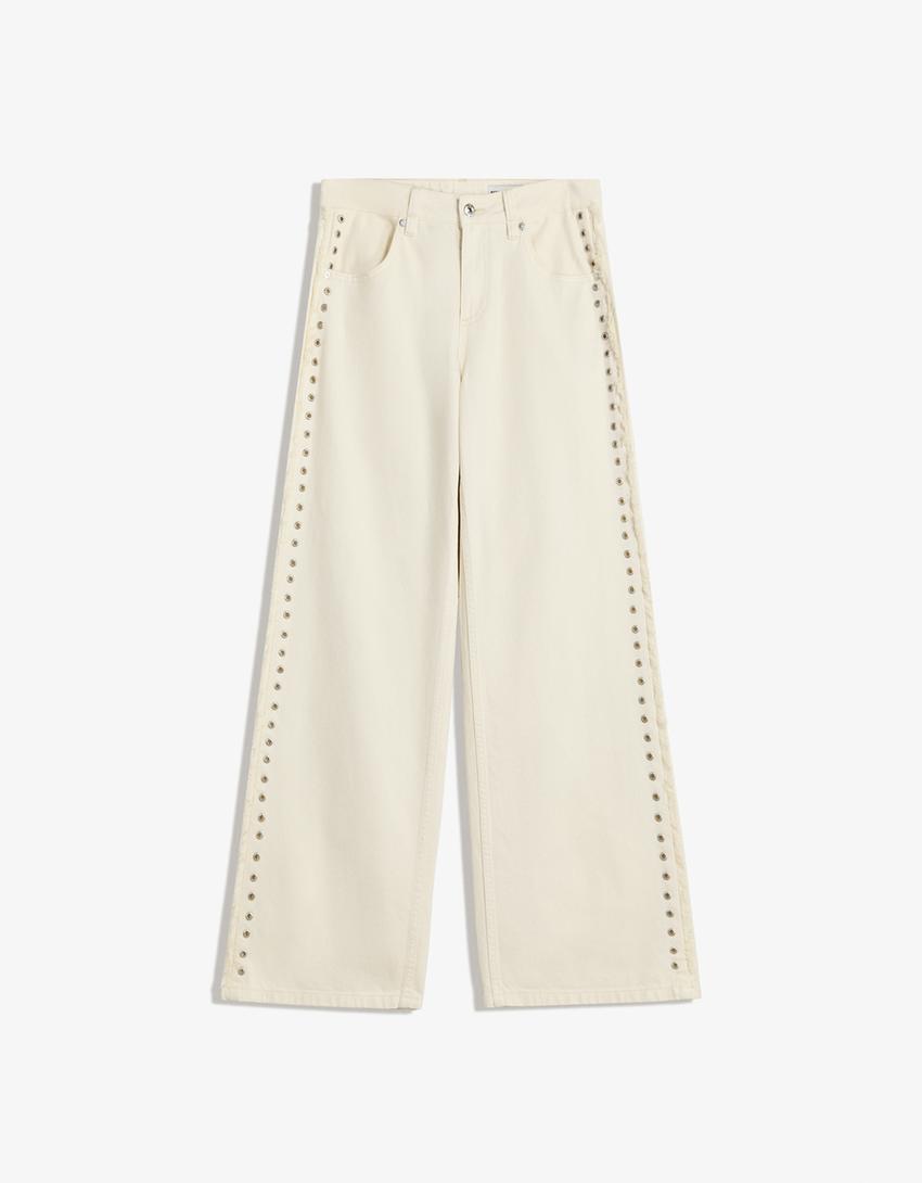 Pantalon droit œillets effiloché-Blanc-4