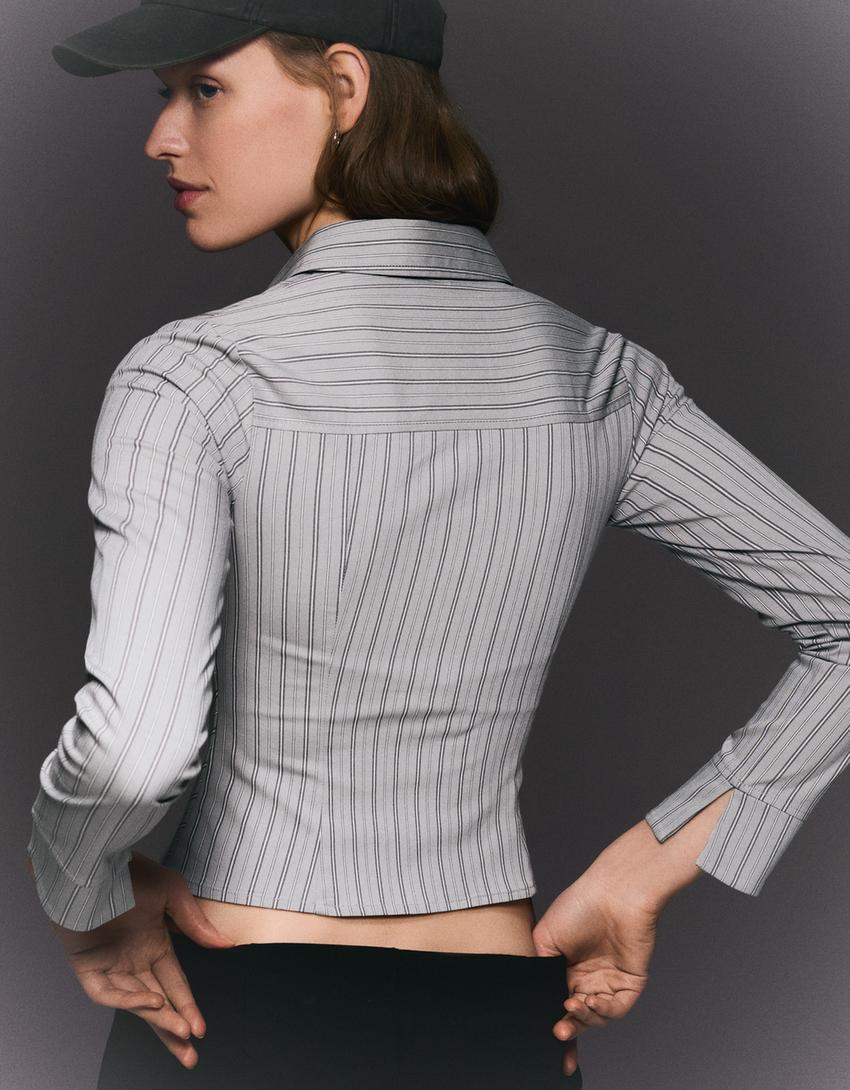 Long sleeve zip-up shirt-Grey