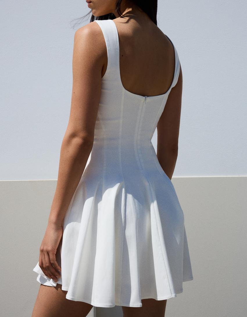 Vestido mini elástico falda vuelo-Blanco-1