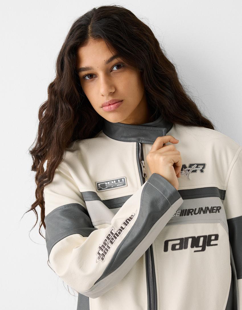 Leather effect embroidered racing jacket-Grey