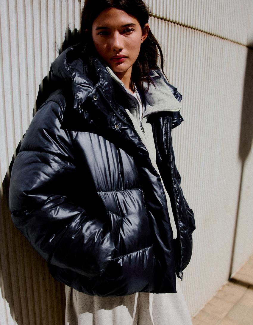 Oversize quilted hooded jacket-Navy