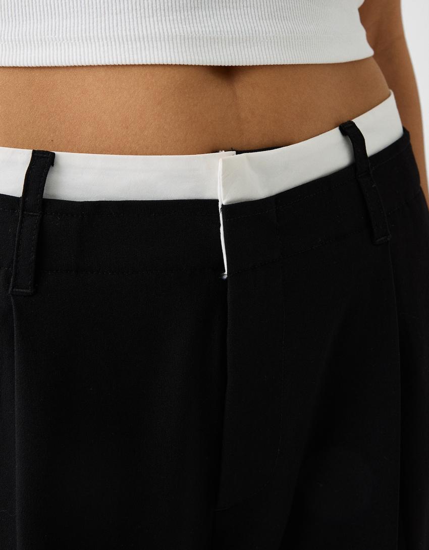 Wide-leg tailored fit trousers with contrast waist detail-Black-6