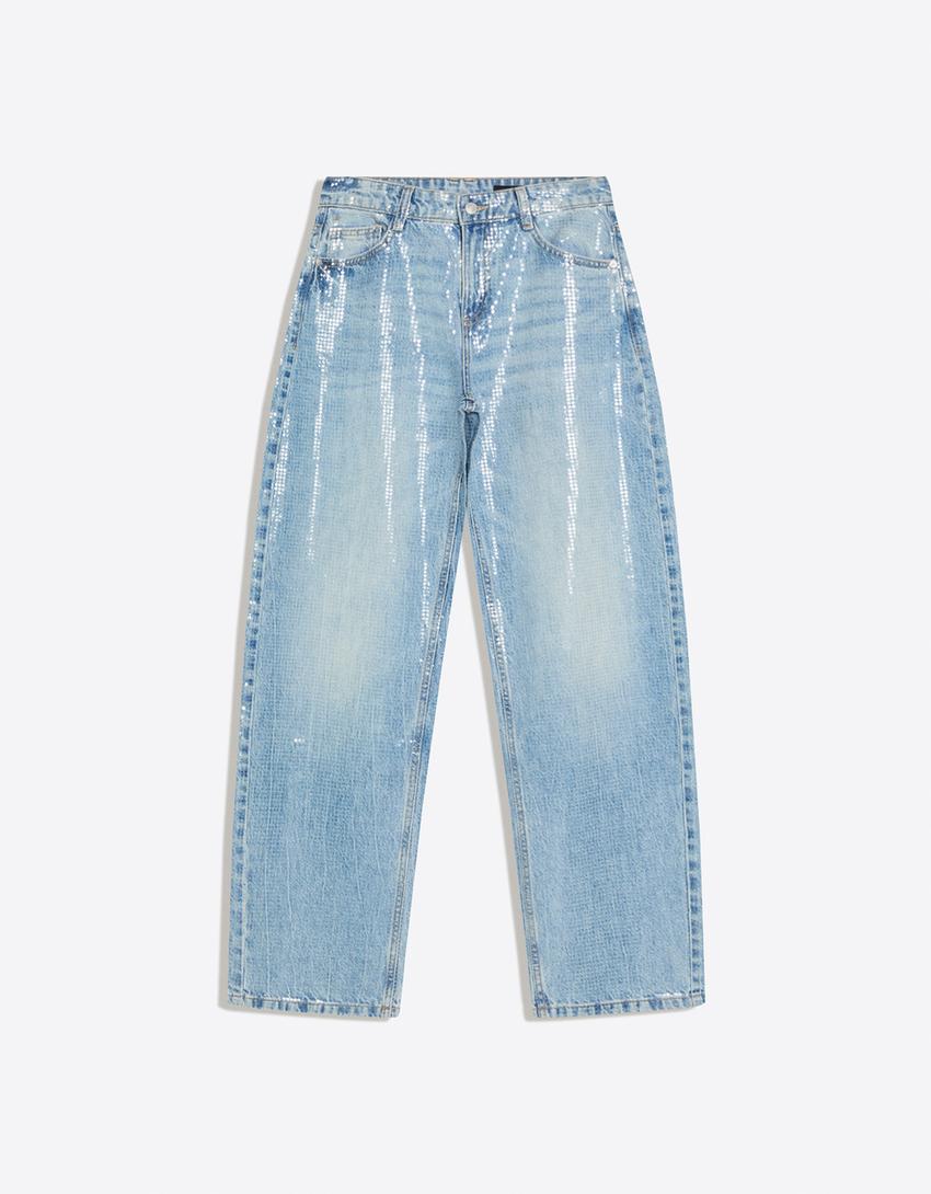 Sequinned baggy barrel jeans-Light blue