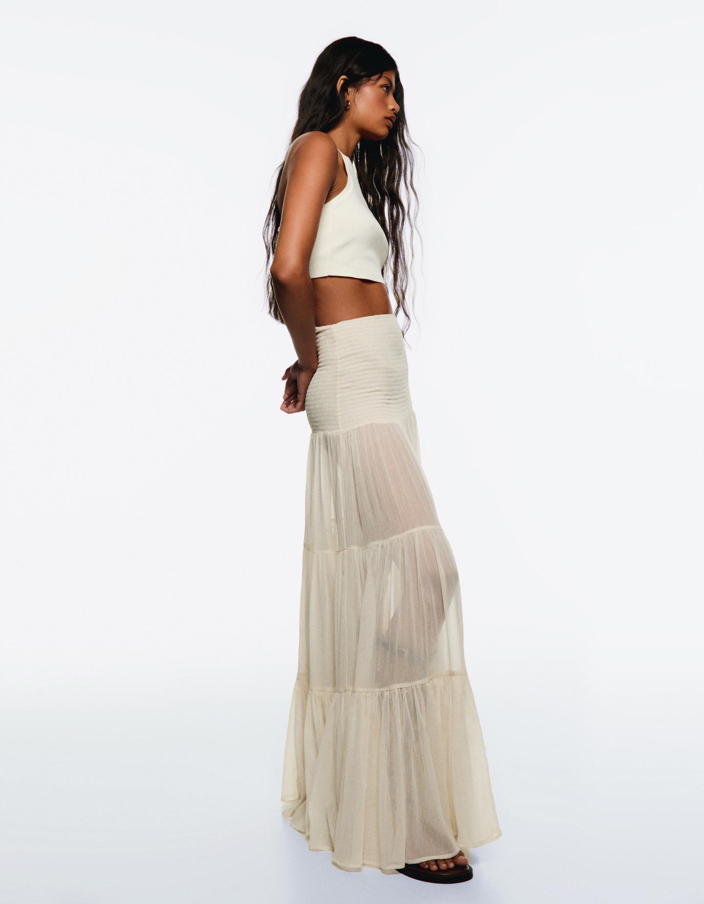 Bershka Falda Maxi Plisada Mujer L Crudo