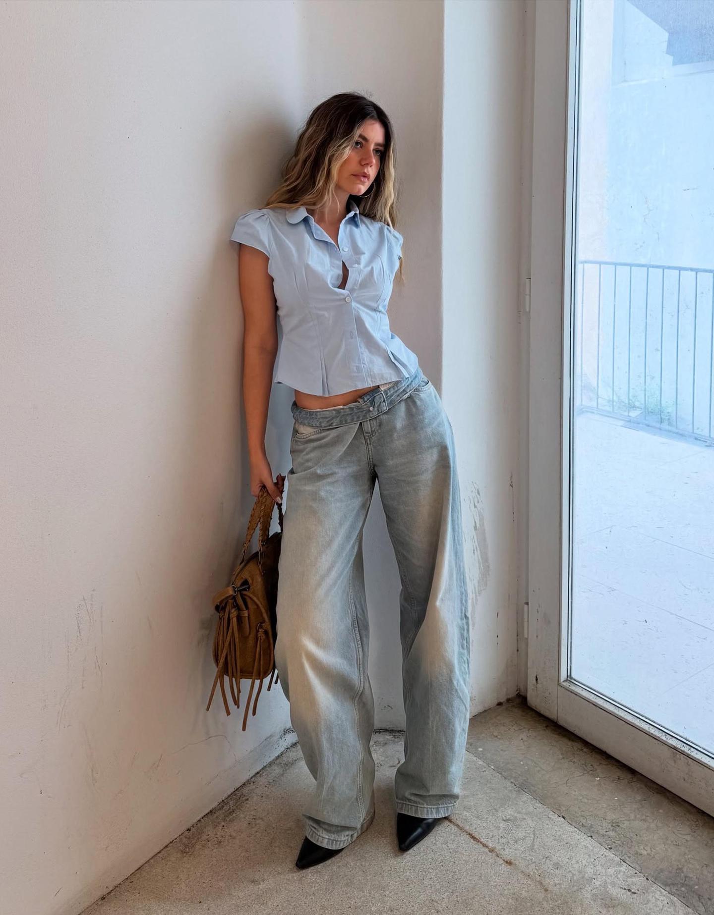 Bershka jeansy baggy barrel wyblakły niebieski