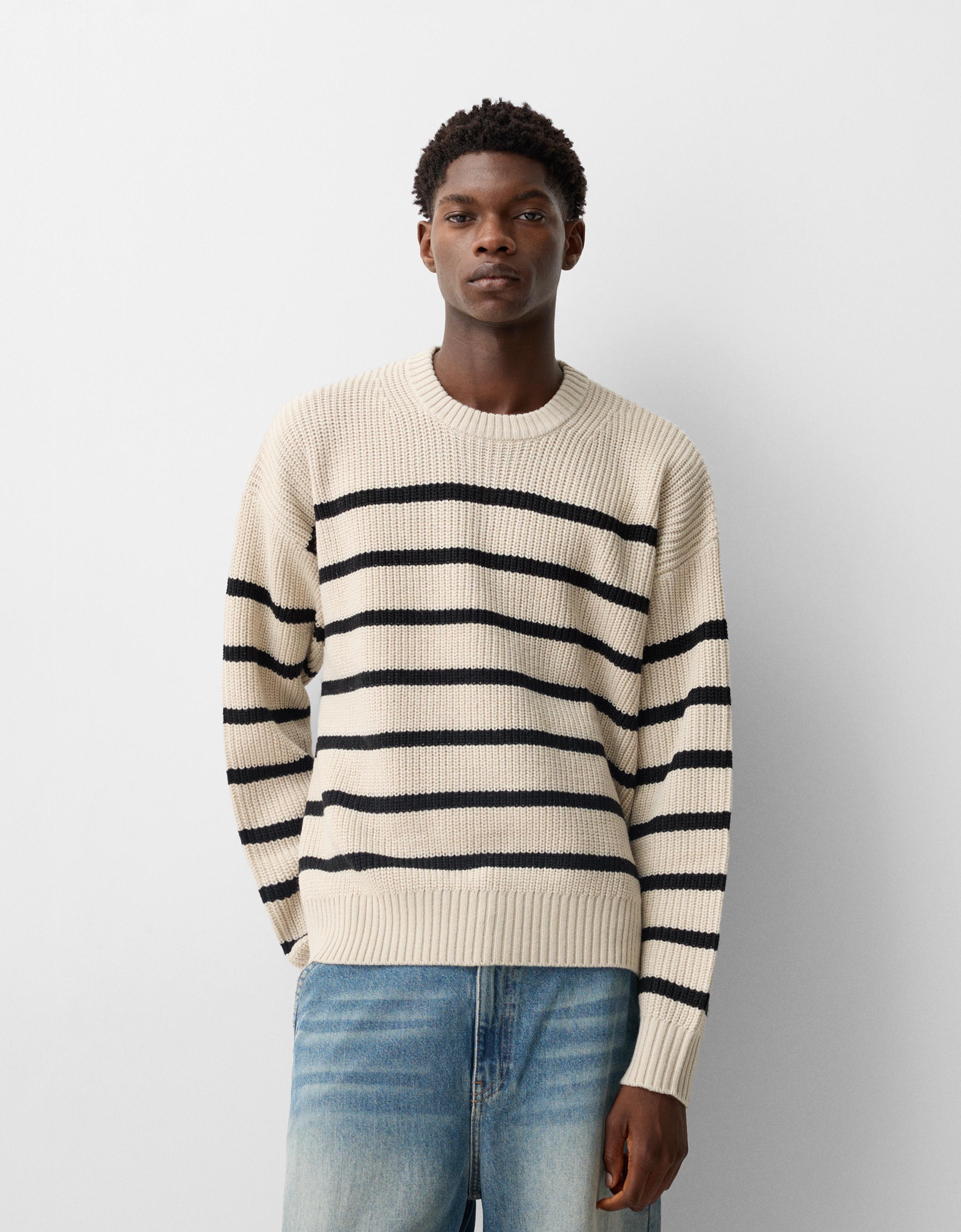 Bershka Strickpullover Mit Fangmuster Und Streifen Herren M Sandfarbe