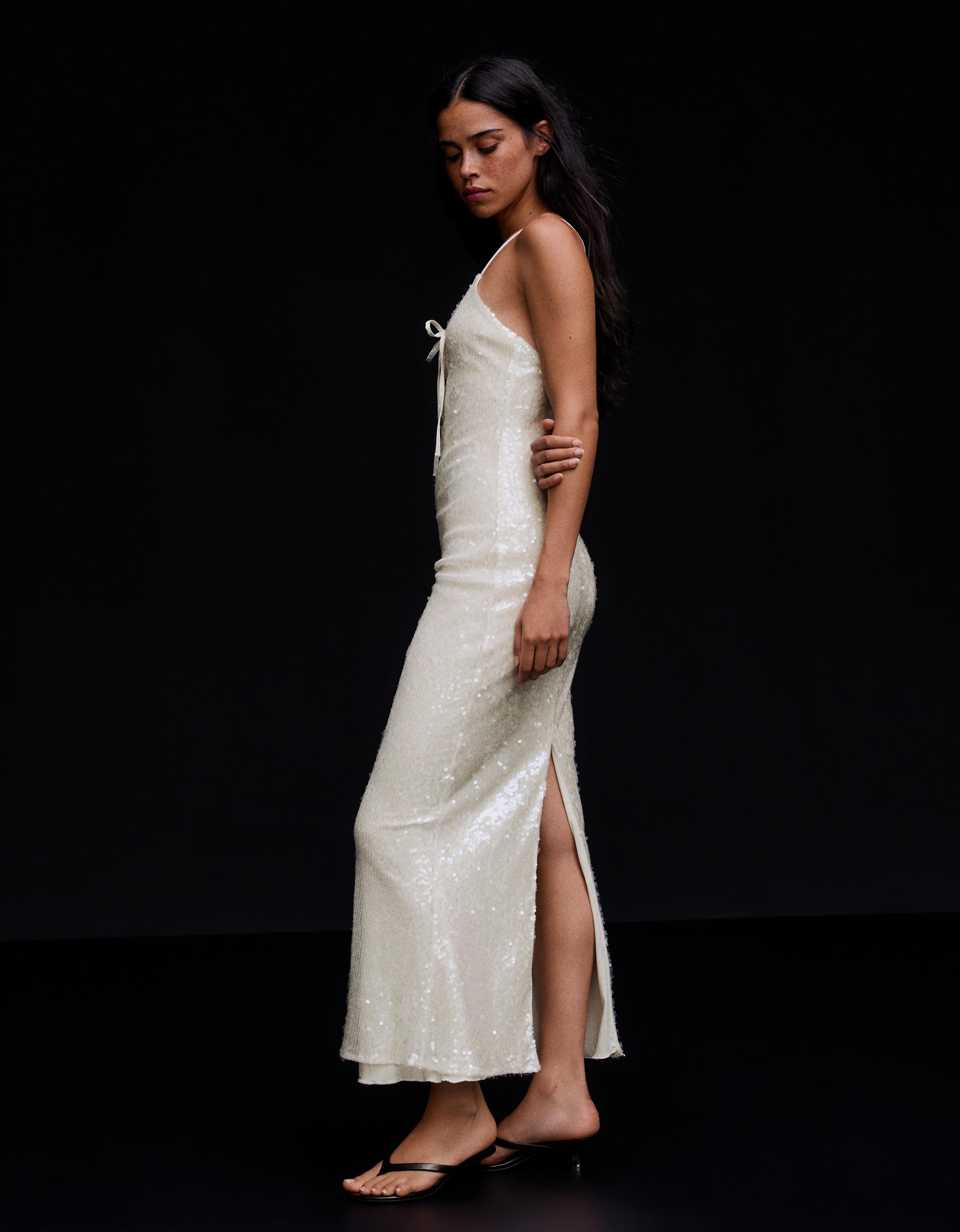Sequin midi dress with straps — Cream