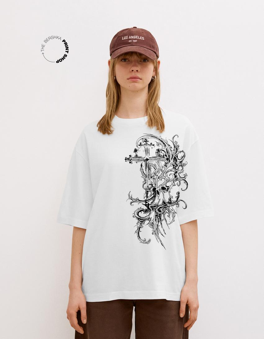Tricou mânecă scurtă print-Alb