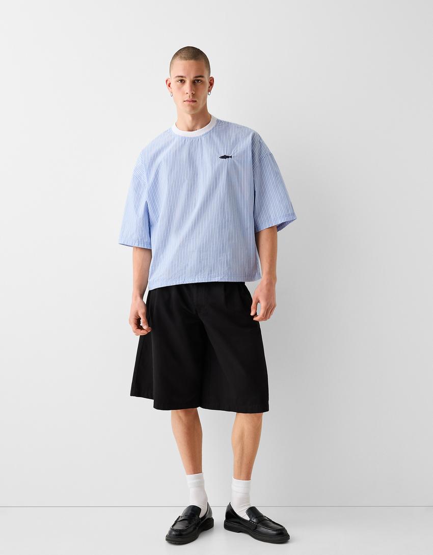 T-shirt manches courtes popeline détail-Bleu clair-3