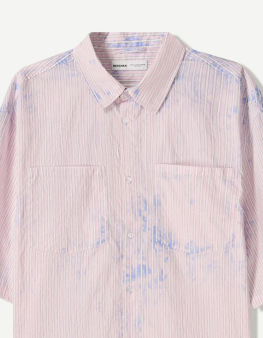 Striped oversize bleached shirt with short sleeves-Pink-2