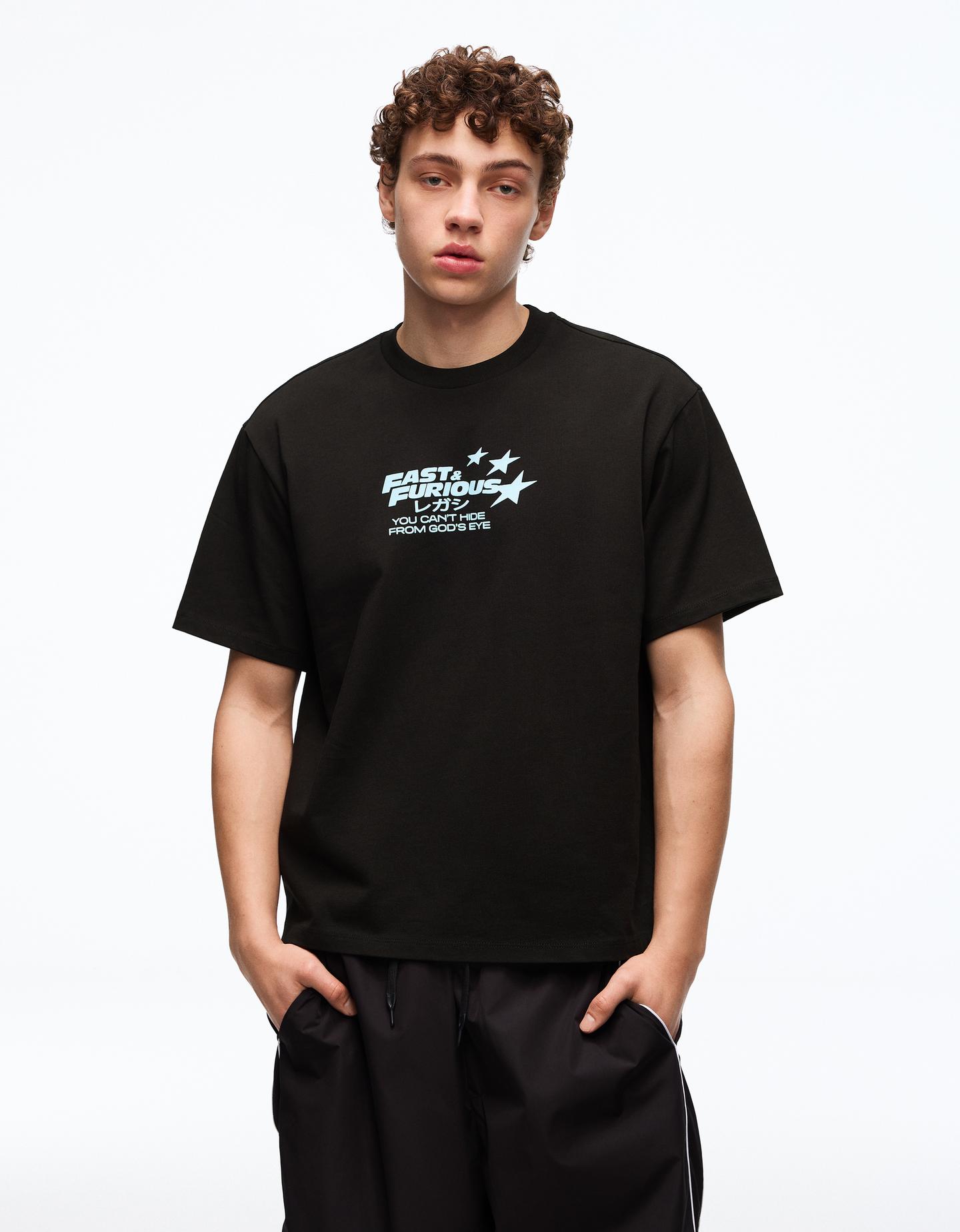 Bershka koszulka relax fit fast & furious czarny