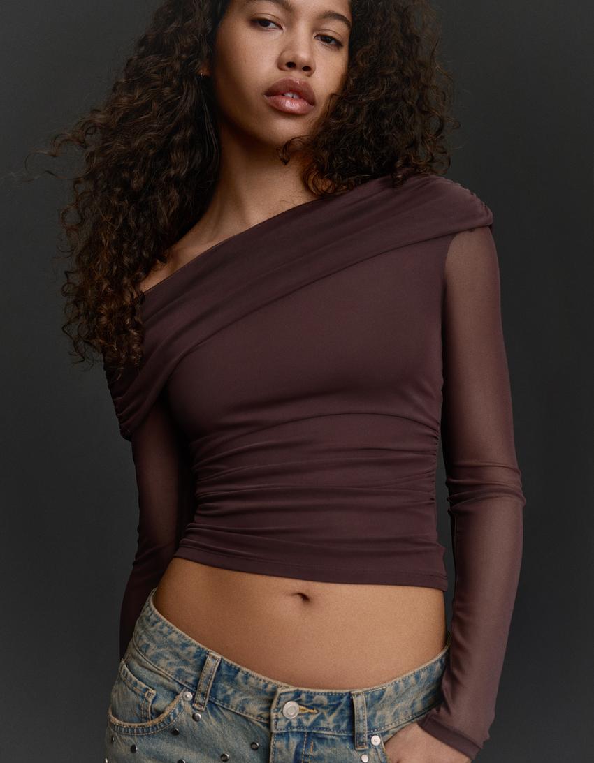 Asymmetric tulle long sleeve T-shirt-Brown