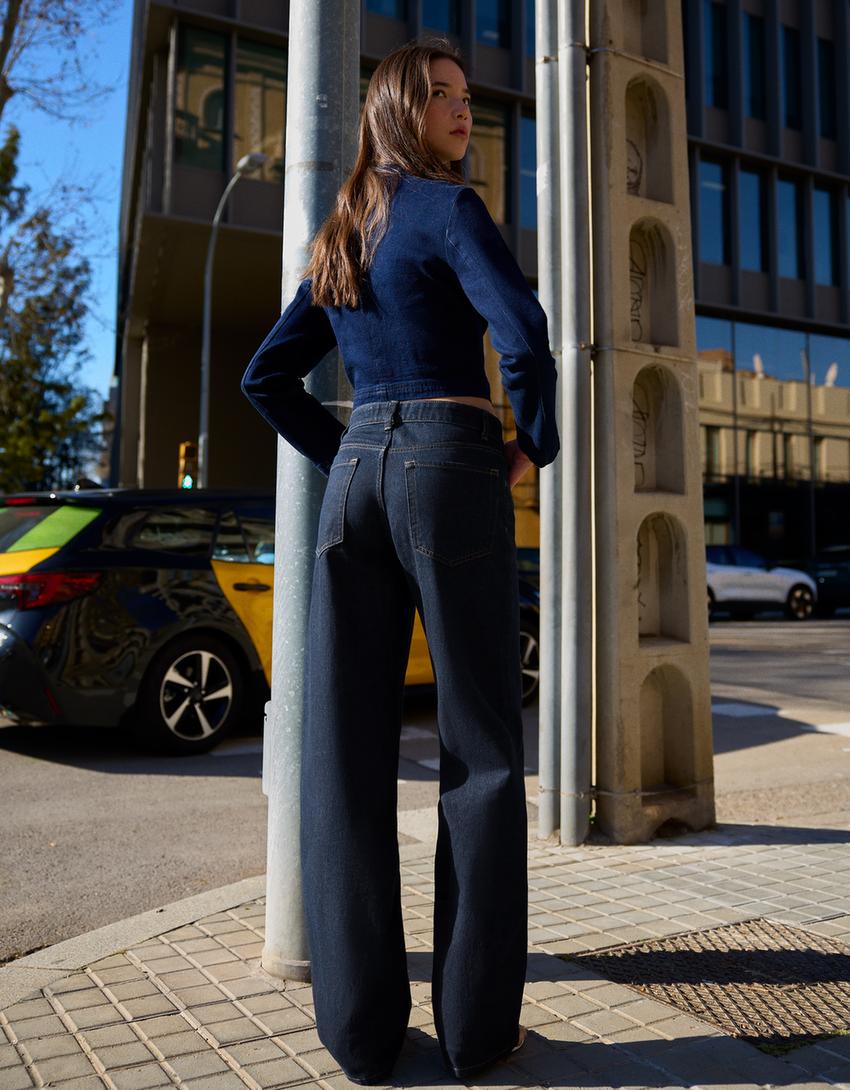 Yüksek bel straight fit geniş paça jean-Mavi