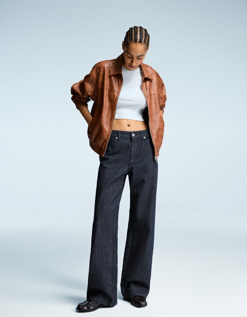Textured straight wide-leg jeans-Navy-0