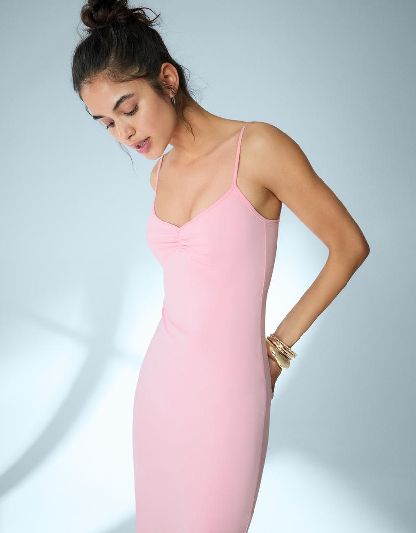Vestido midi tirantes fruncido-Rosa