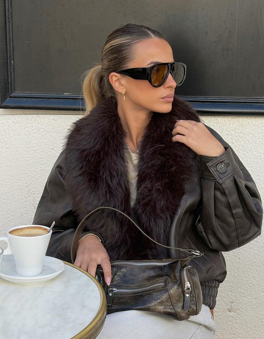 Faux leather jacket with faux fur collar-Brown