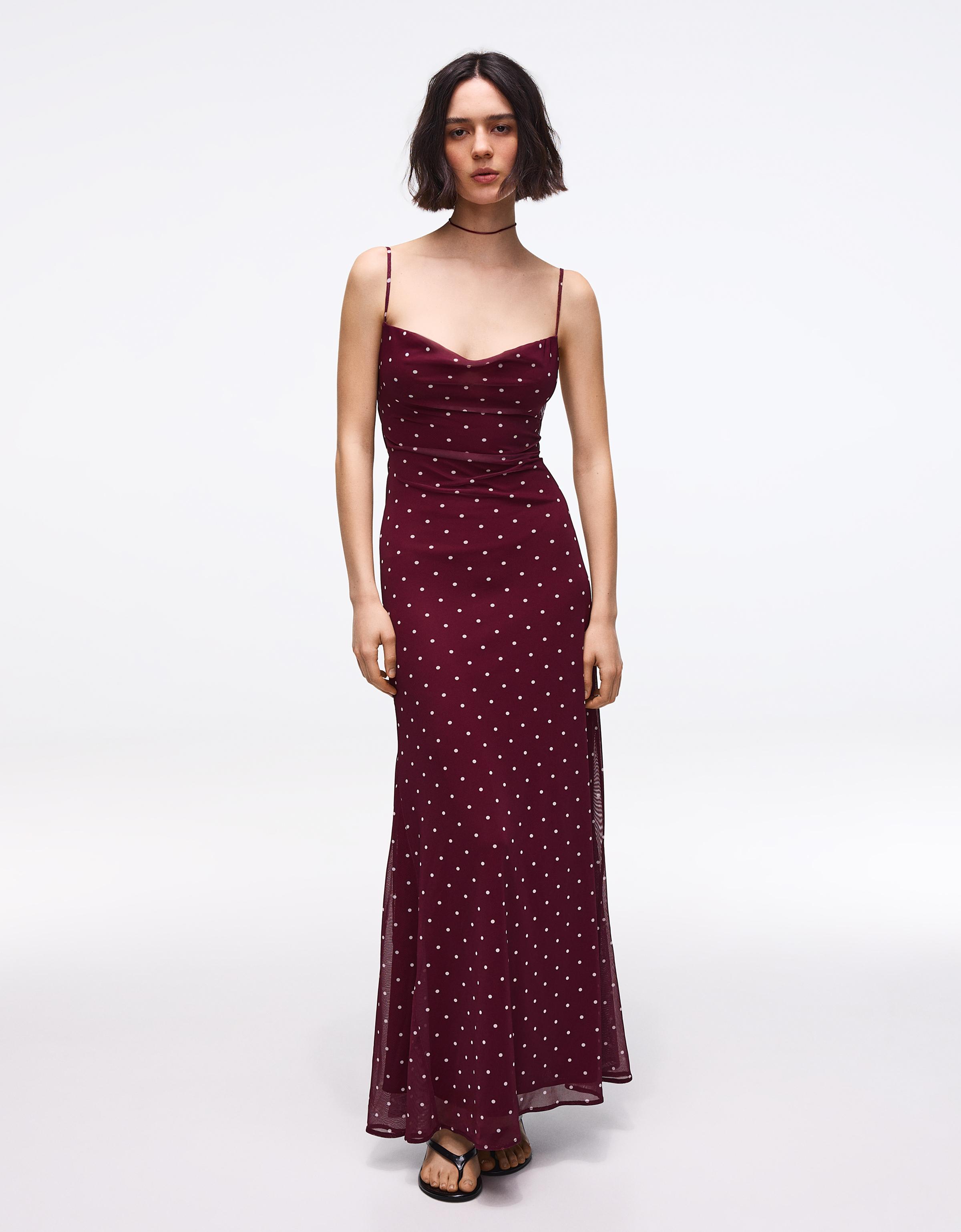 Bershka Vestido Midi Tirantes Espalda Corsé Mujer Rojo