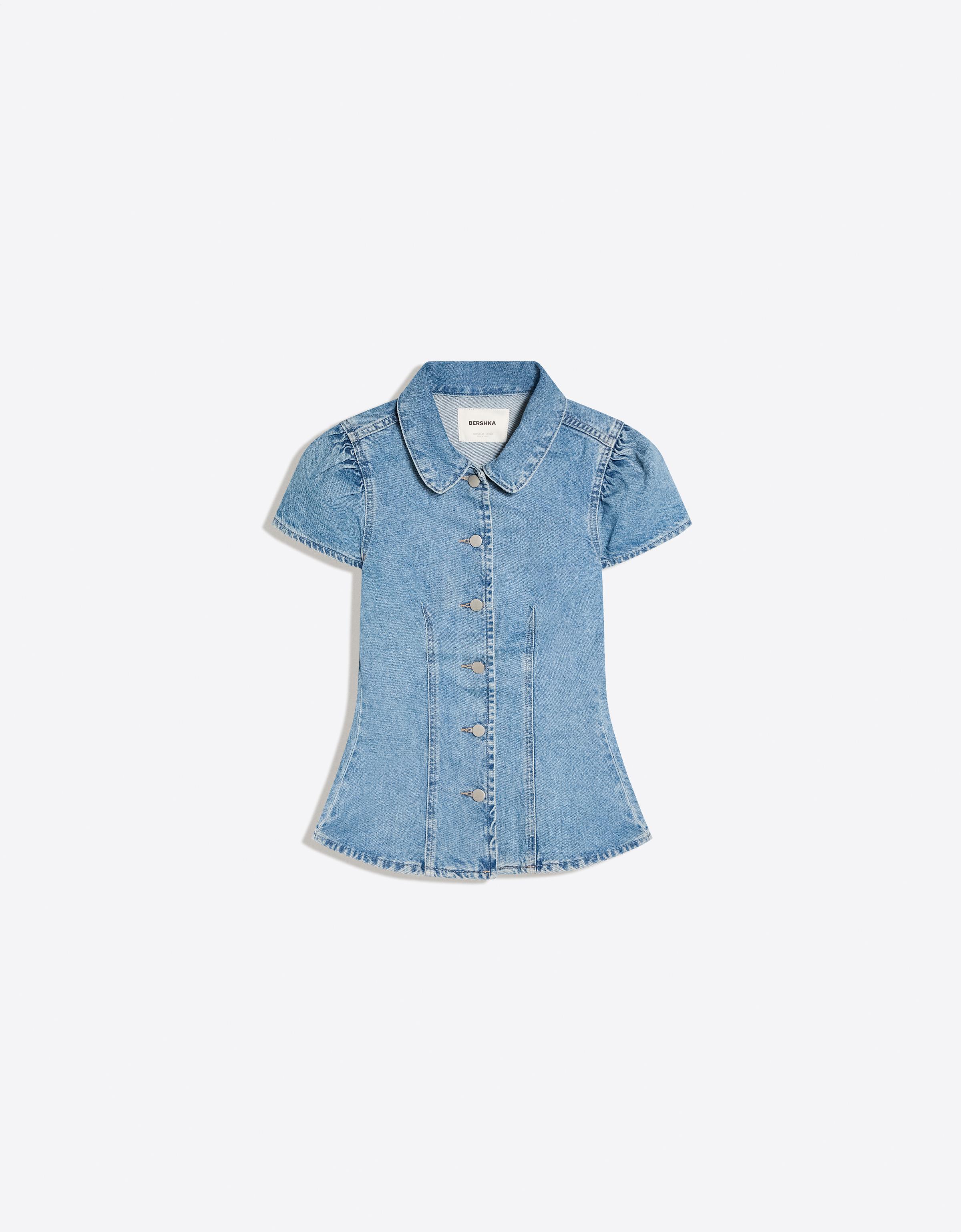 Balloon fit short-sleeve denim top — Light blue