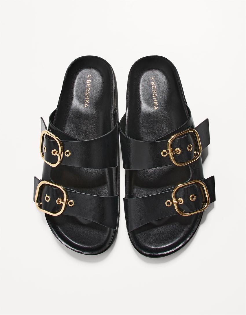 Flat slider sandals with buckles-BLACK