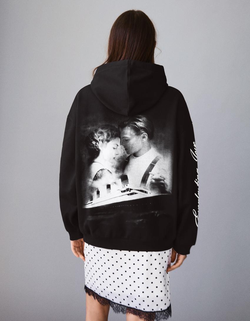 Titanic baskılı kapüşonlu sweatshirt-Siyah