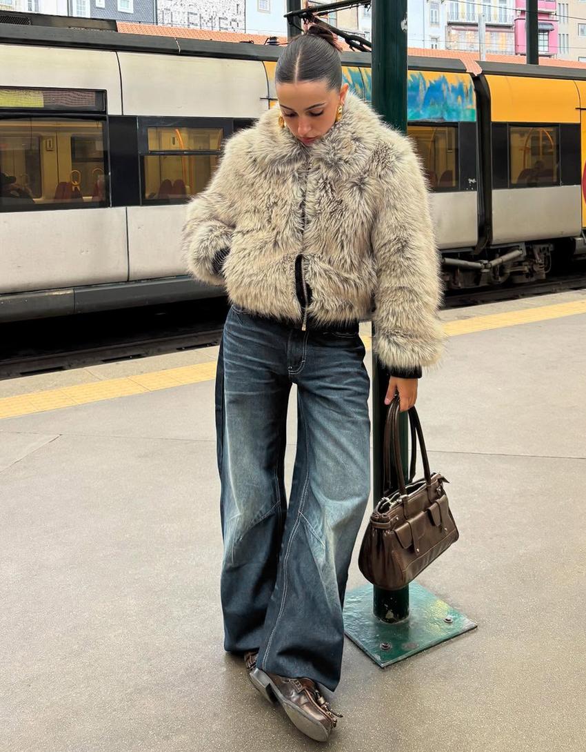 Blouson zippé fausse fourrure-Gris