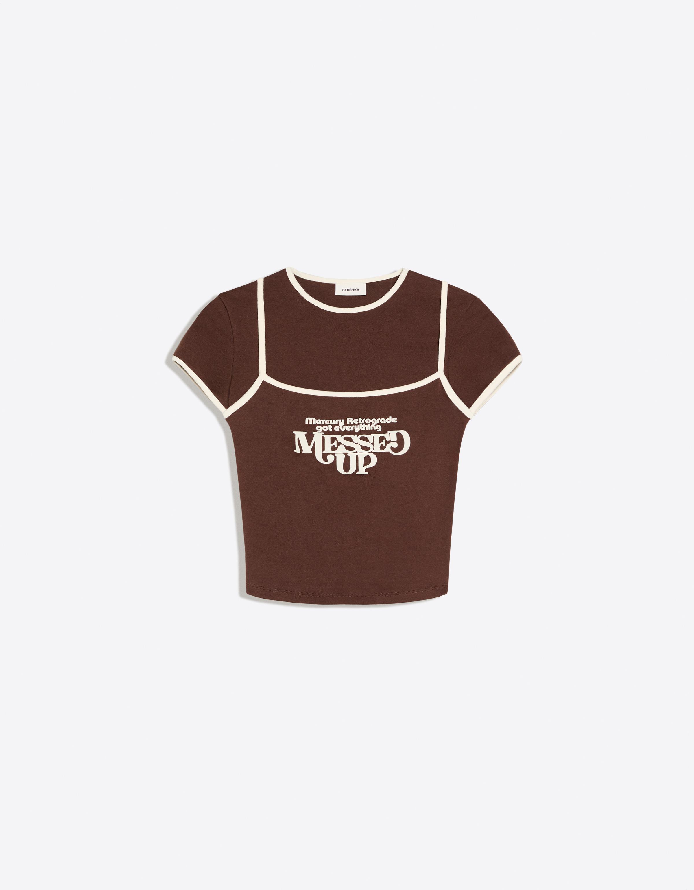 Double short sleeve T-shirt with contrast print — Brown