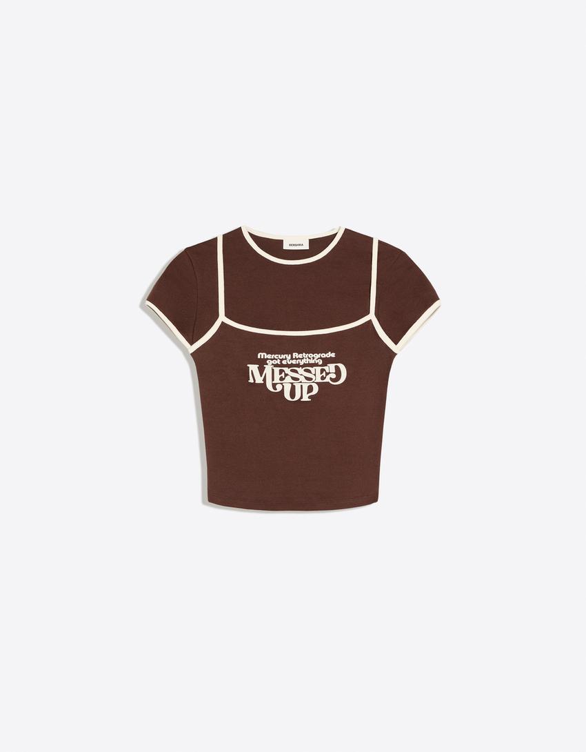 Double short sleeve contrast print T-shirt-Brown