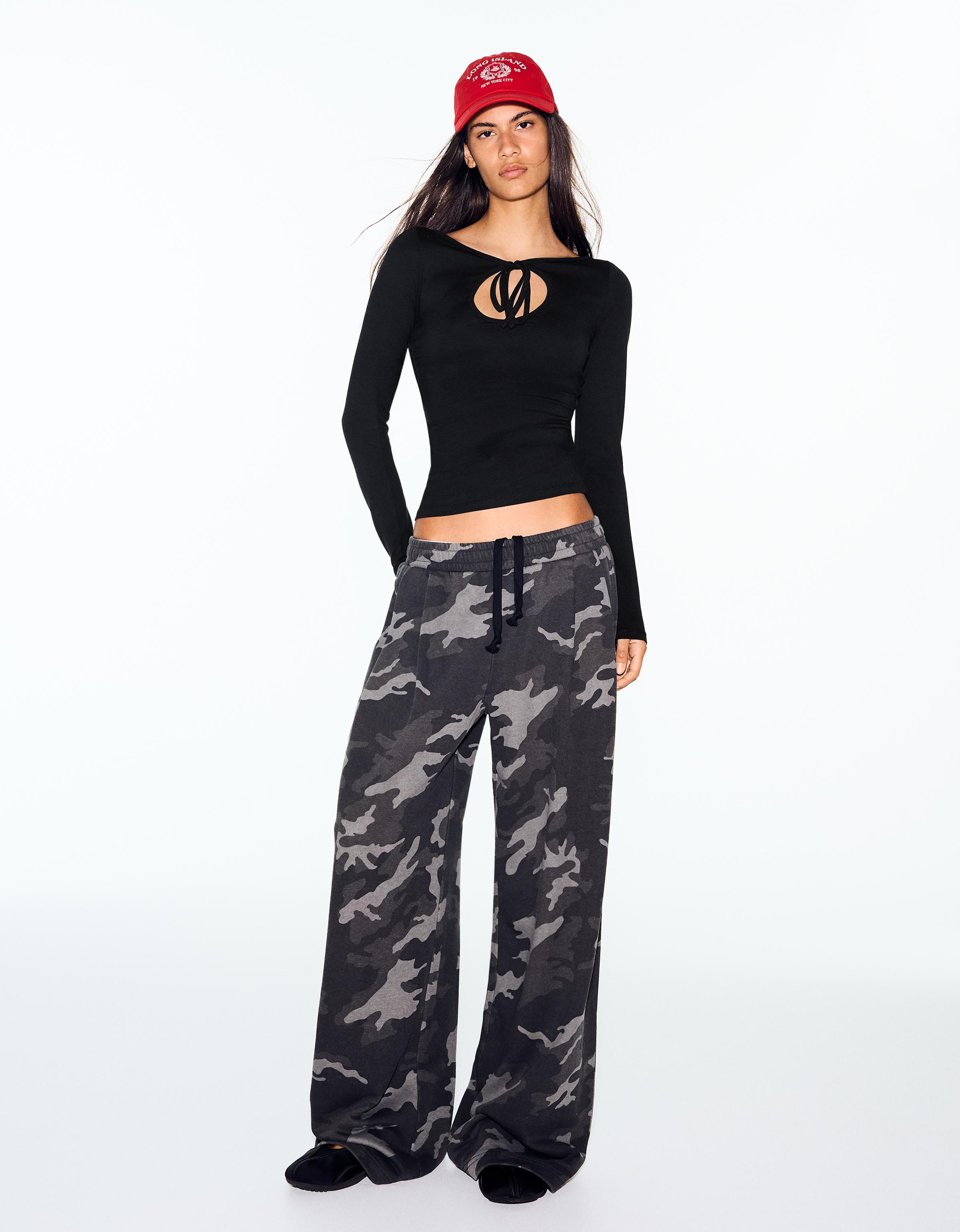 Bershka Camiseta Manga Larga Escote Apertura Lazo Mujer L Negro
