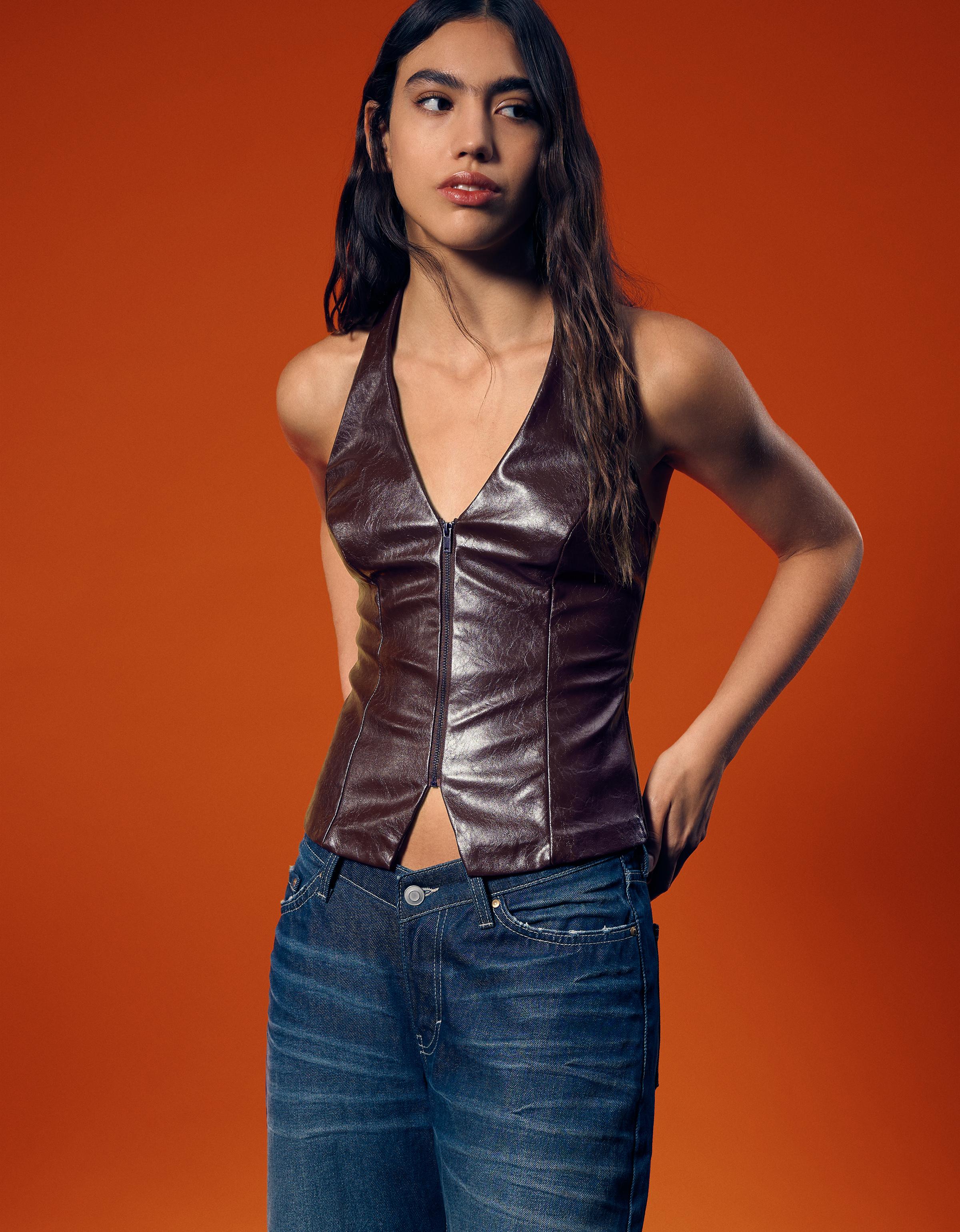 Halter top with leather effect zip - Women | Bershka