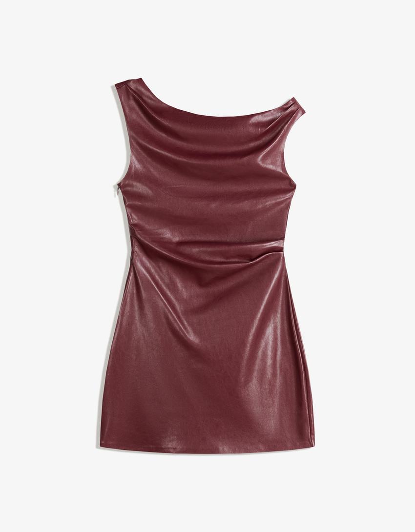 Asymmetrisches Mini-Kleid aus Kunstleder-Granatrot