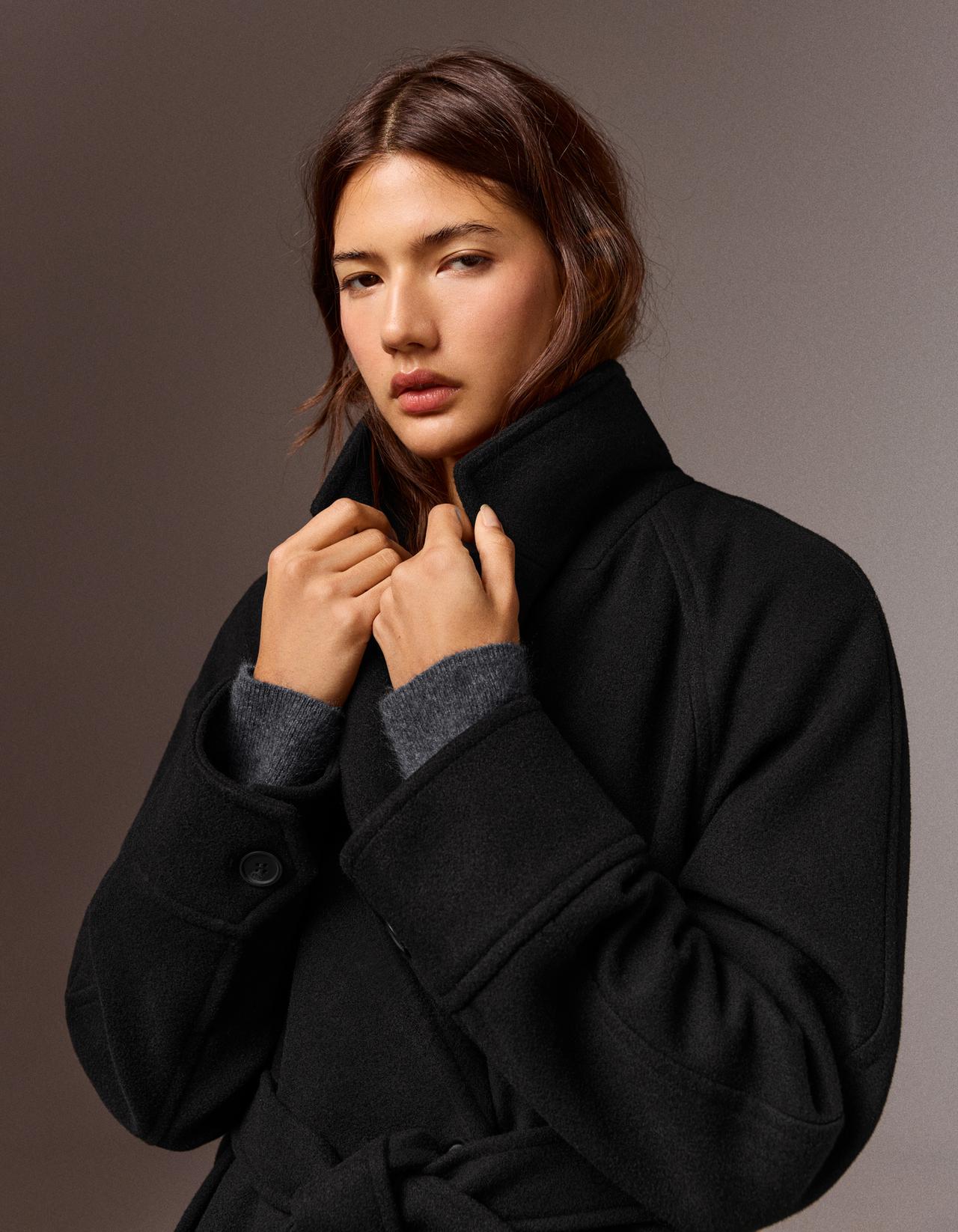 Soft-touch long coat with belt — Black