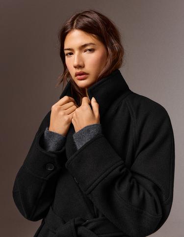Soft-touch long coat with belt — Black 4
