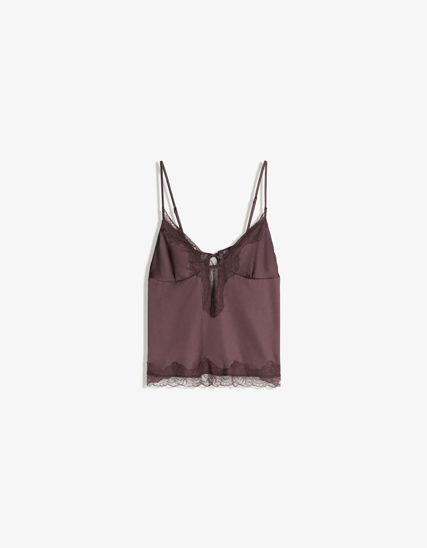 Asymmetric lace sateen strappy top
