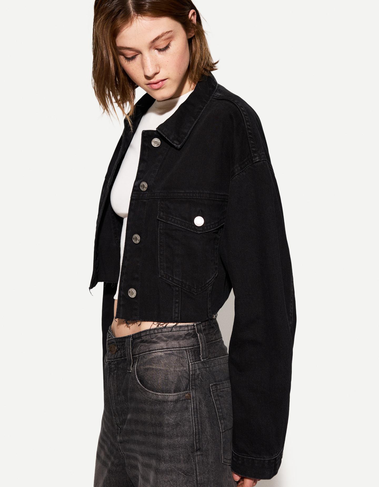 Bershka Giubbotto Denim Cropped Donna M Nero