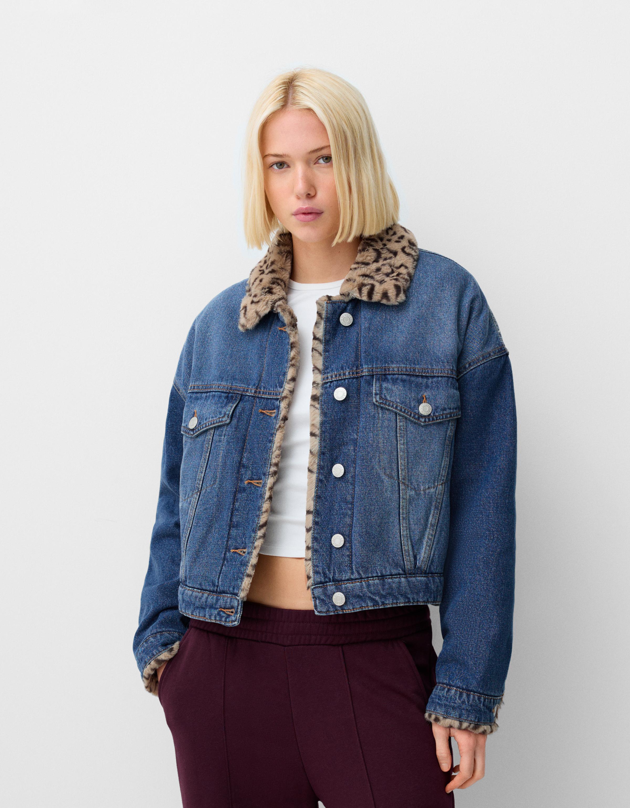 Bershka Jeansjacke Mit Kragen Aus Kunstfell Und Animalprint Damen S Blau