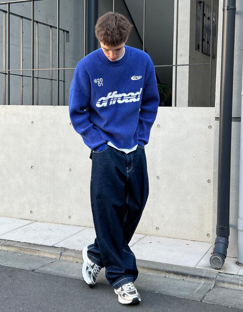 Pull col rond en chenille imprimé-Bleu