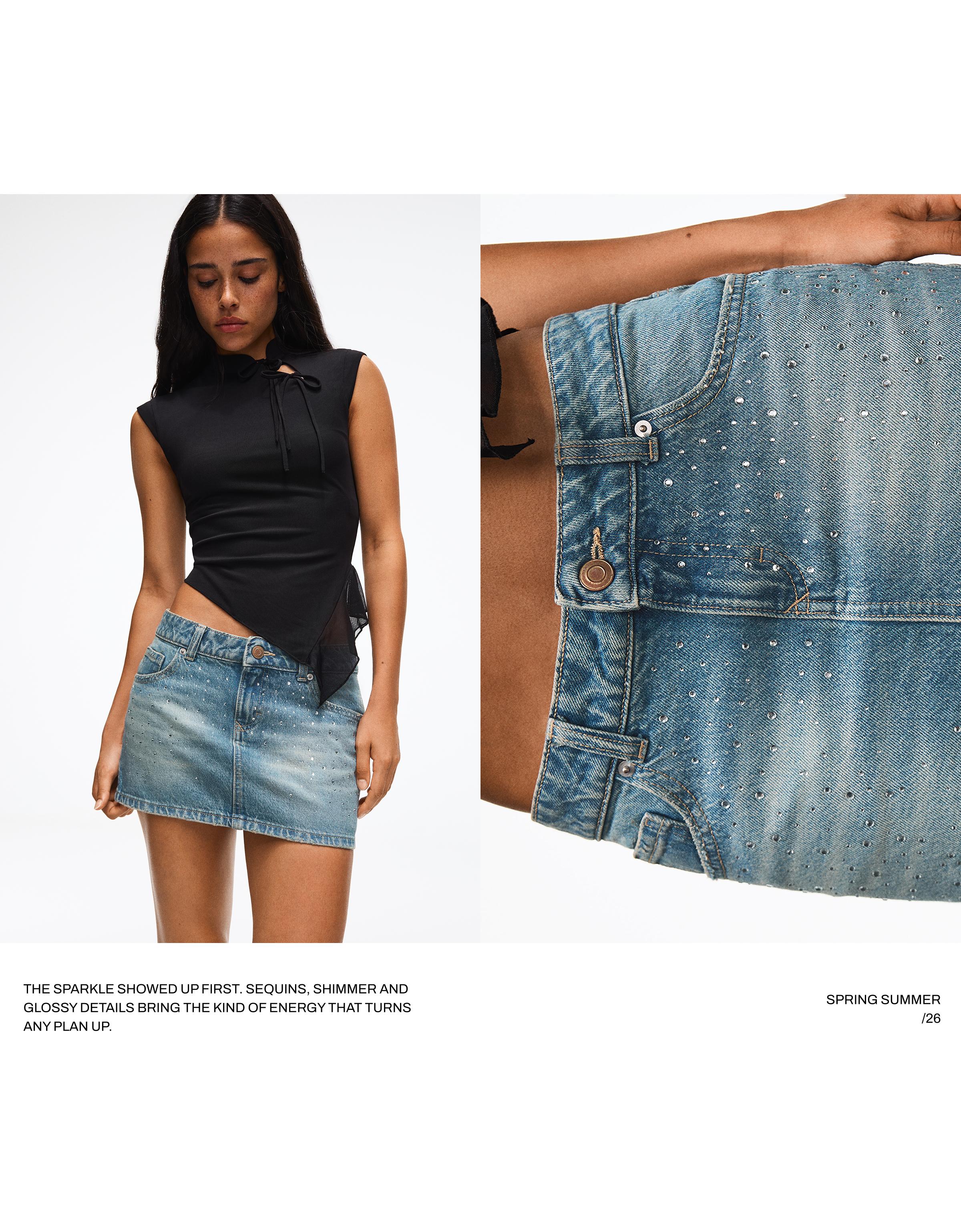 Rhinestone denim skirt — Light blue