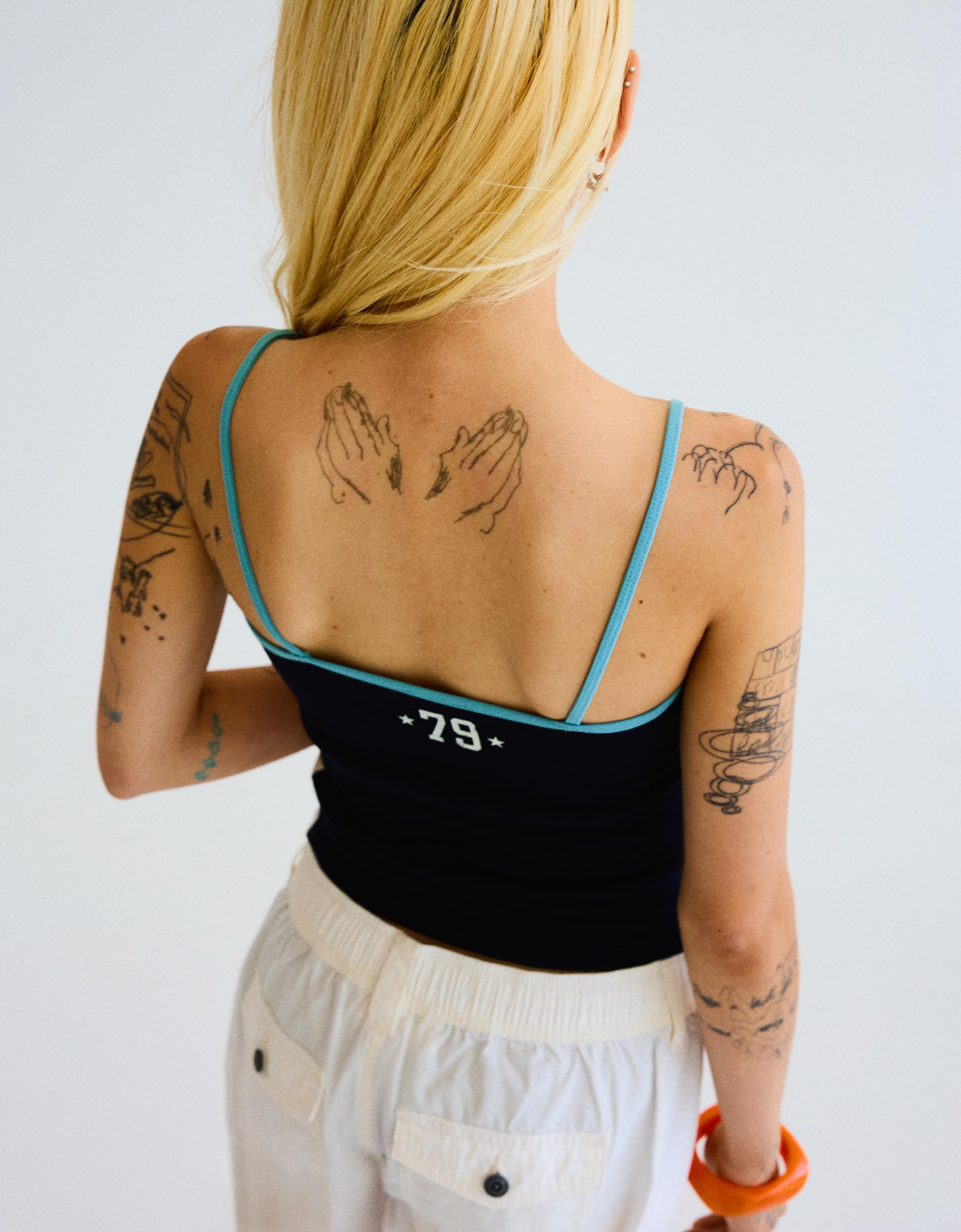Printed strappy top — Navy