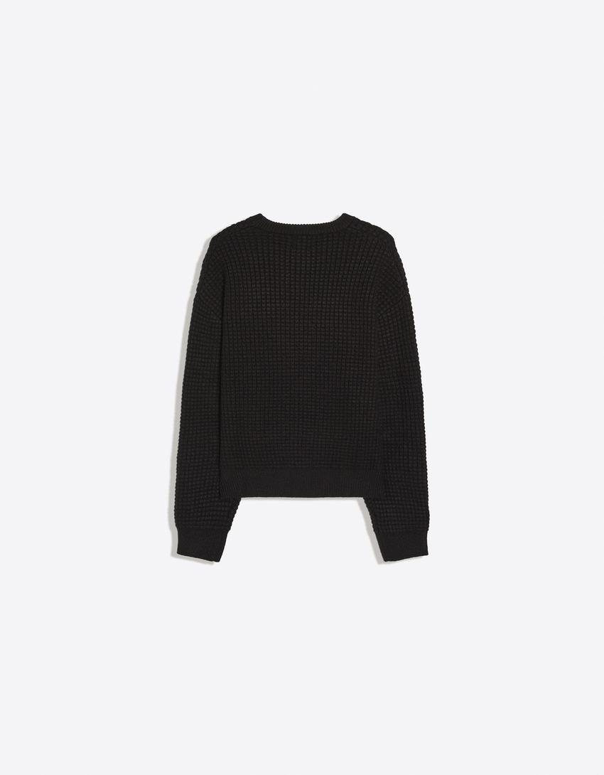 Jersey cuello redondo waffle bordado-Negro