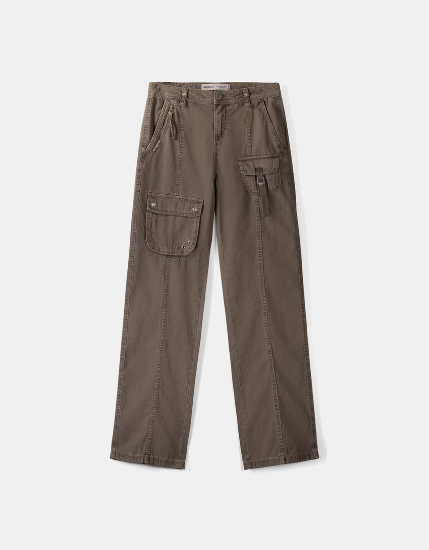 Kayış detaylı low waist pamuklu kargo pantolon-Kum rengi-4