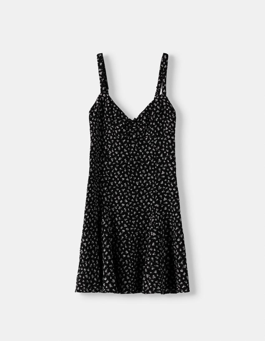 Waffle knit printed mini dress with straps-White / Black-4